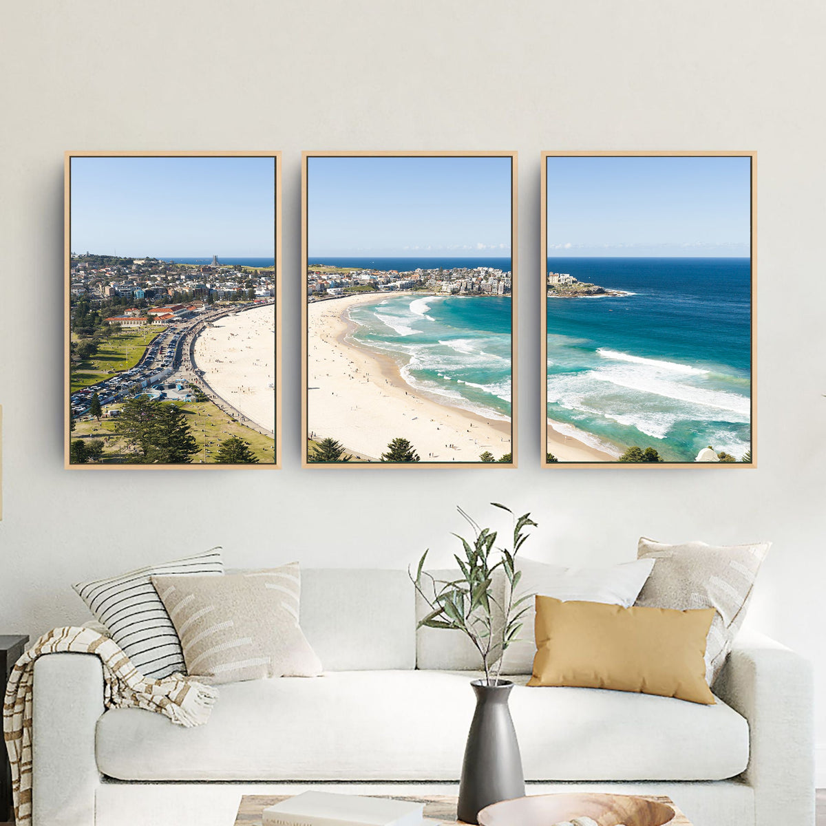 Bondi Beach three piece canvas wall art in living room