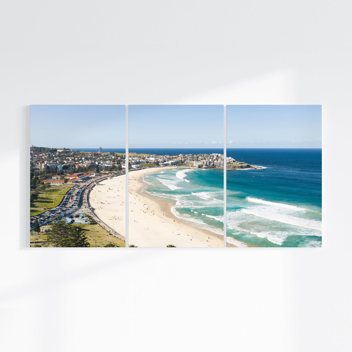 Bondi Beach three piece canvas wall art on wall