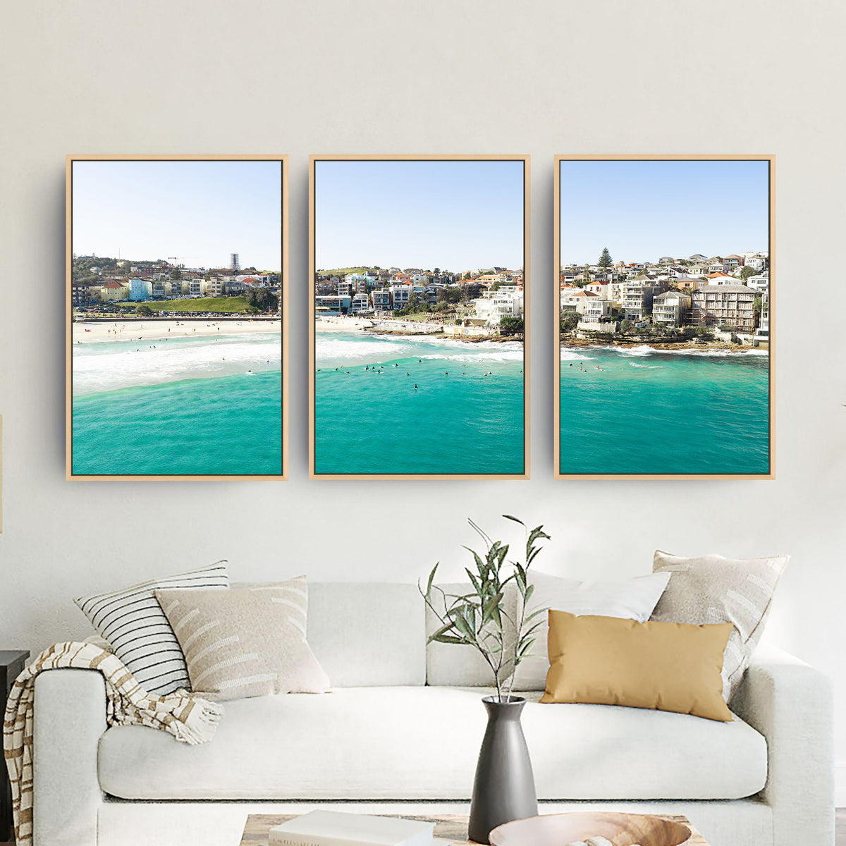 Bondi Beach three piece canvas wall art II in living room