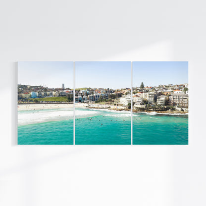 Bondi Beach three piece canvas wall art II on wall