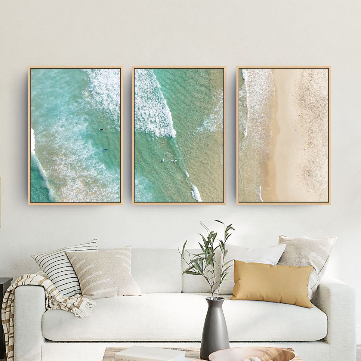 Bondi Beach birdseye three piece canvas wall art in living room