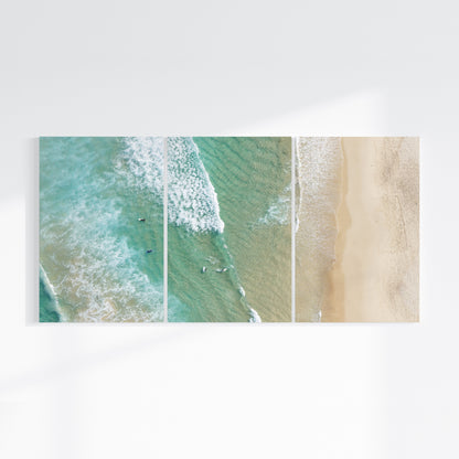 Bondi Beach birdseye three piece canvas wall art on wall