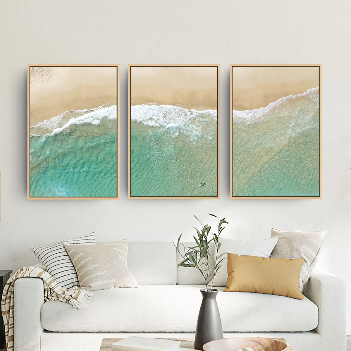 Bondi Beach birdseye three piece canvas wall art II in living room