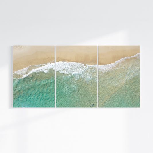 Bondi Beach birdseye three piece canvas wall art II on wall