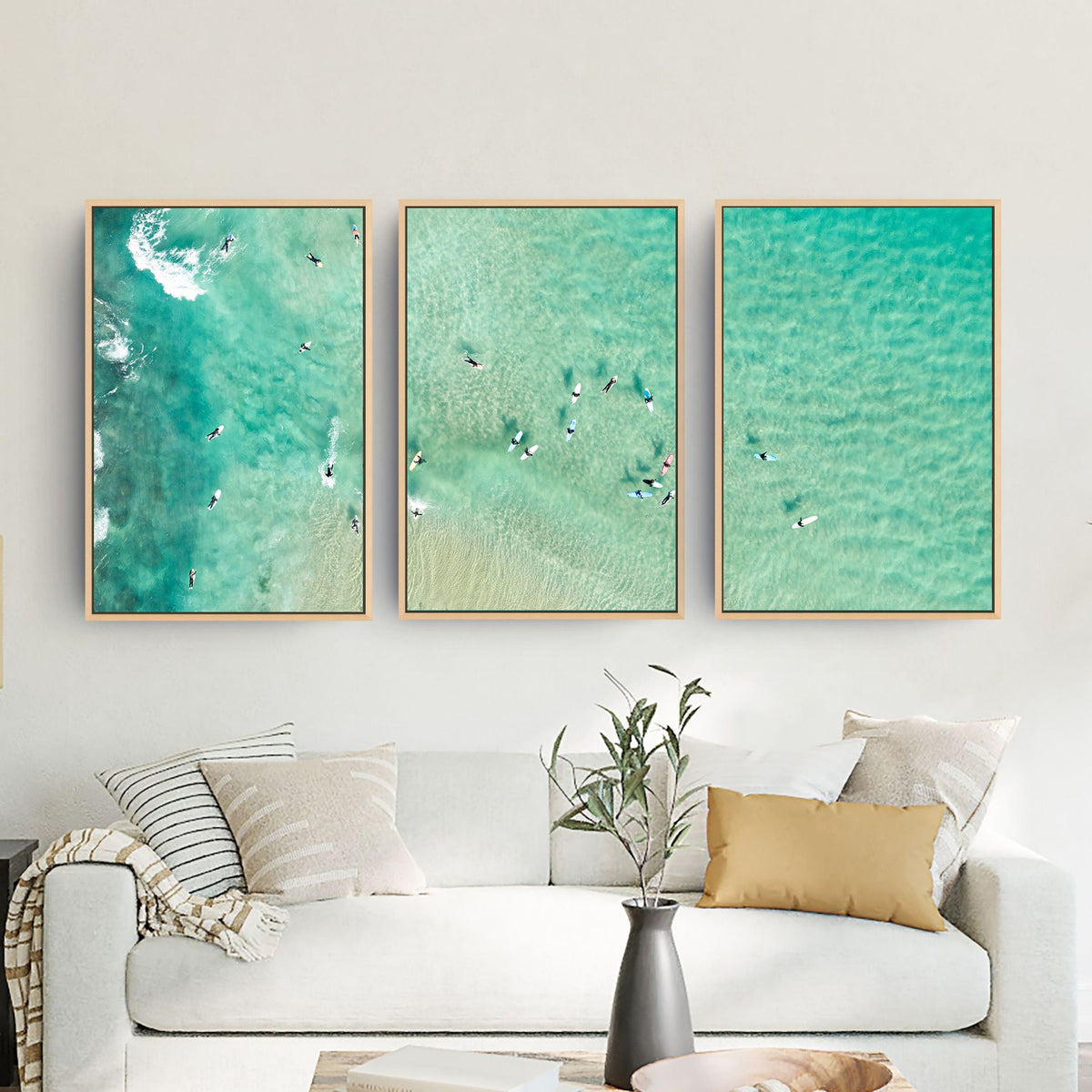 Bondi Beach surfers three piece canvas wall art in living room