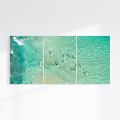 Bondi Beach surfers three piece canvas wall art on wall