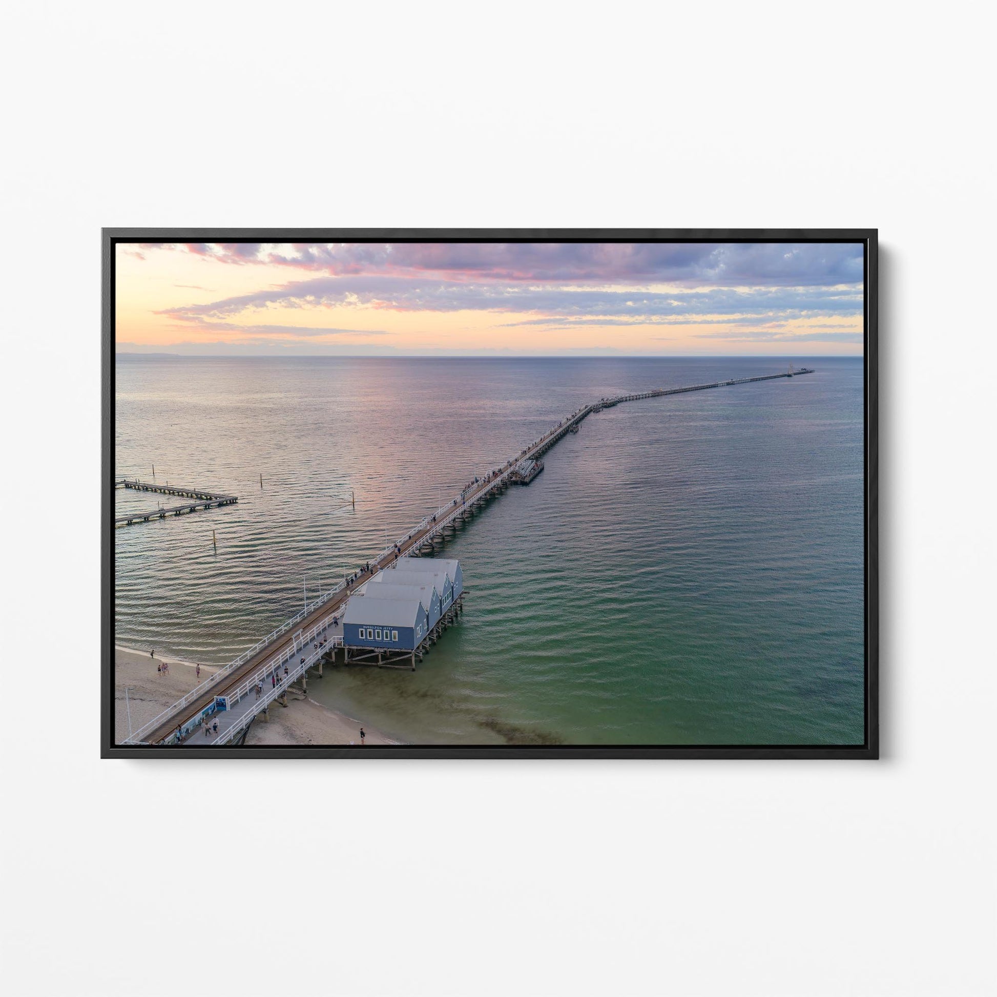 Black framed canvas print of Busselton Jetty running to the horizon after sunset, Western Australia
