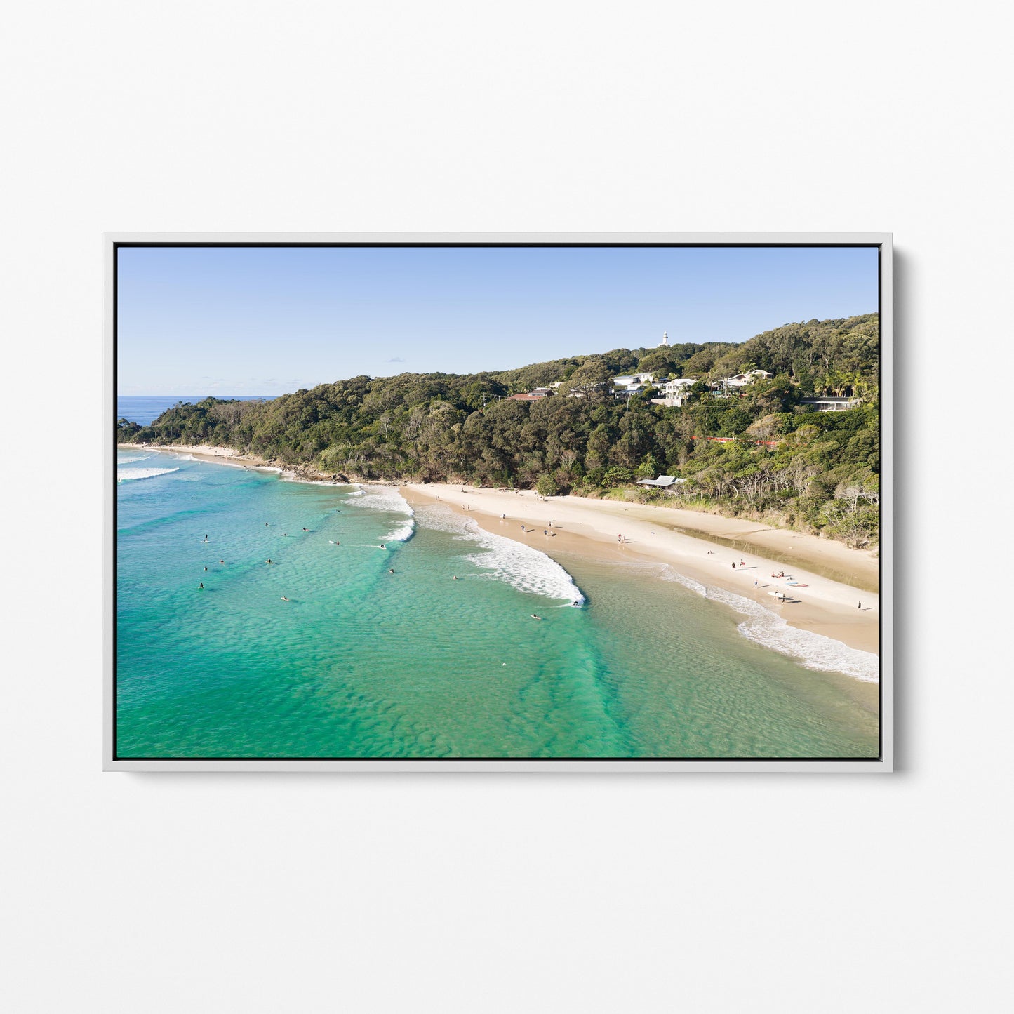 Wategos Beach Surfers White Framed Canvas Byron Bay