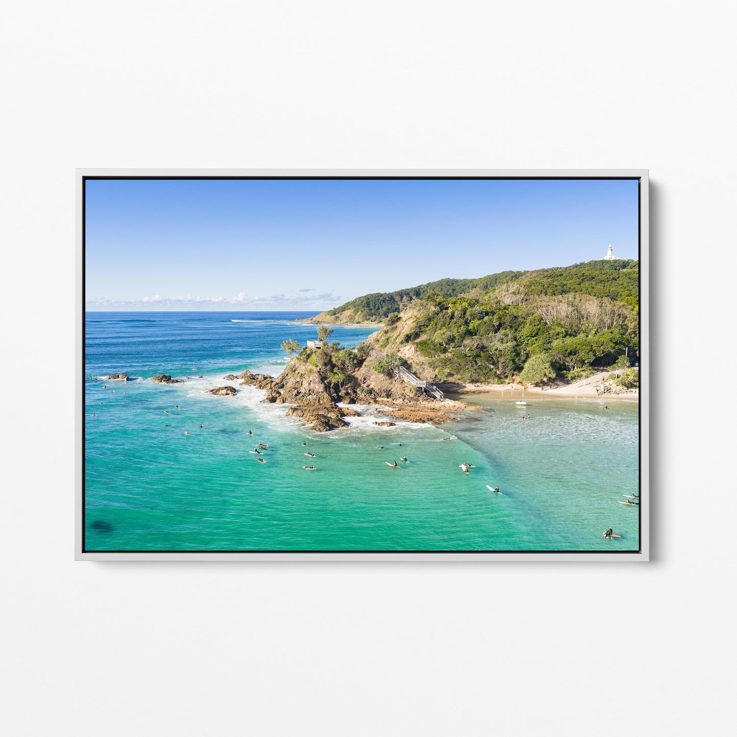 Byron Bay Lighthouse Wategos White Framed Canvas