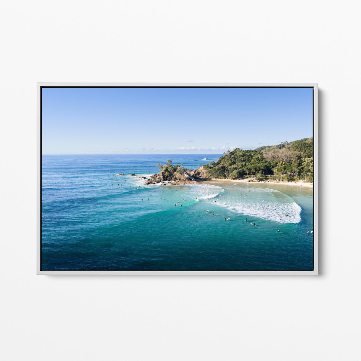 Wategos Beach Surfers Lineup White Framed Canvas