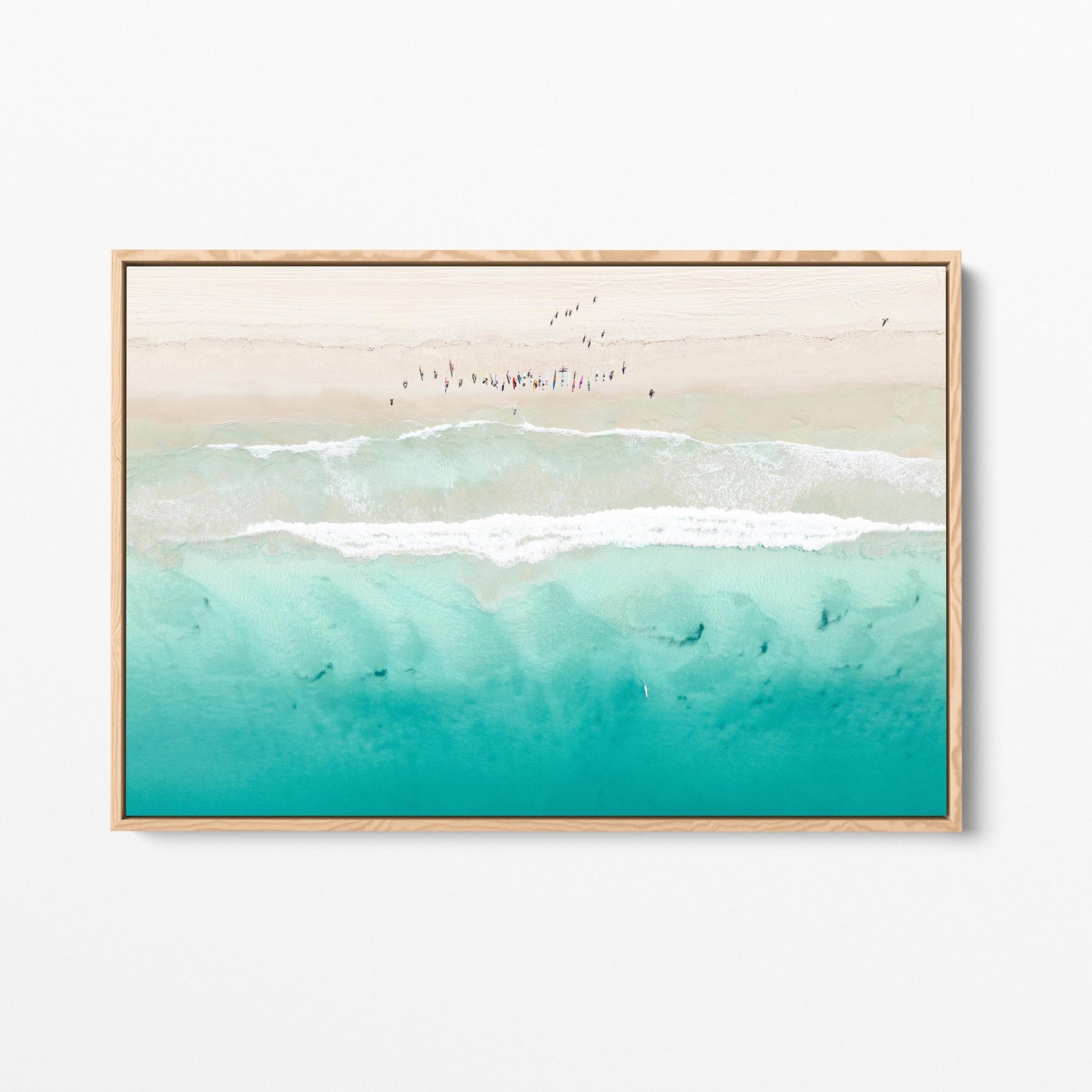 Aerial beach surfing oak framed canvas