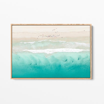 Aerial beach surfing oak framed canvas
