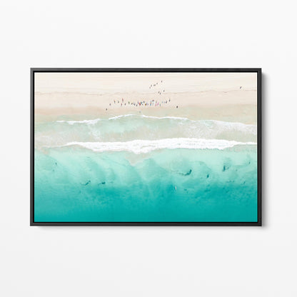 Aerial beach surfing black framed canvas