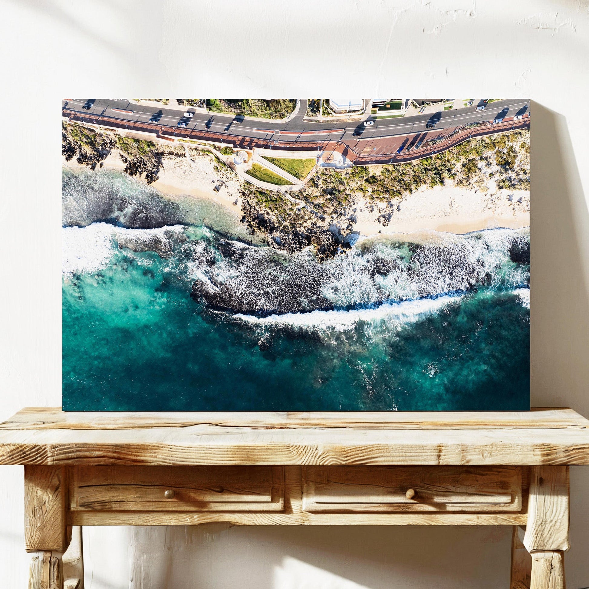 Trigg coastline limestone reef aerial canvas wall art Perth