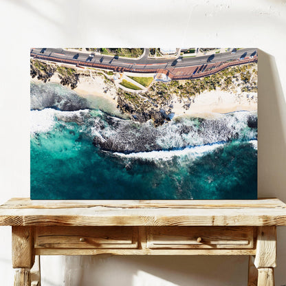 Trigg coastline limestone reef aerial canvas wall art Perth