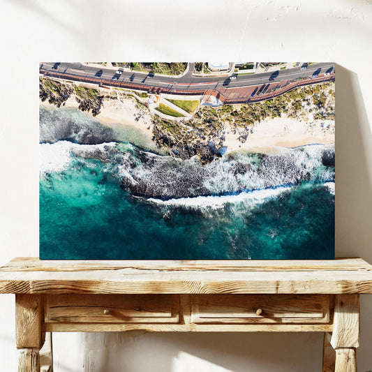 Trigg coastline limestone reef aerial canvas wall art Perth