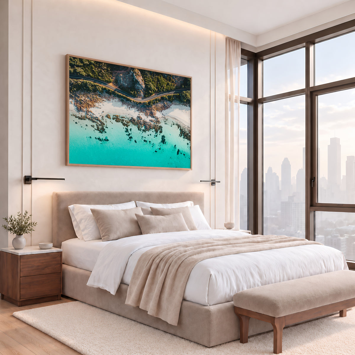 Oak framed canvas print of aerial photography of Dunsborough, a coastal road above a white beach, rocks and turquoise water hanging in a bedroom with a city view