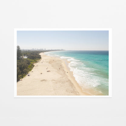 Fine art paper print of aerial photography of Fingal Head, a long sandy beach with bush on the left and surf rolling onto the shore with a white border