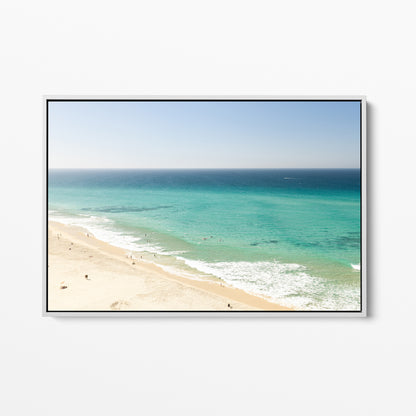 White framed canvas print of aerial photography of Fingal Head, a long strip of sand with turquoise surf rolling onto the shore