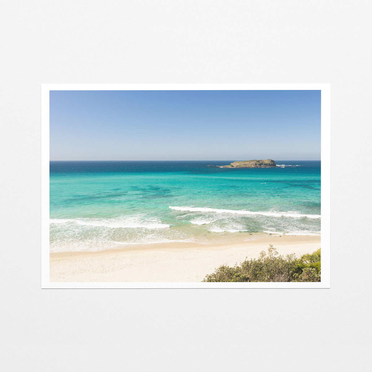 Fine art paper print of aerial photography of Fingal Head, a beach with a small island offshore and turquoise water with a white border