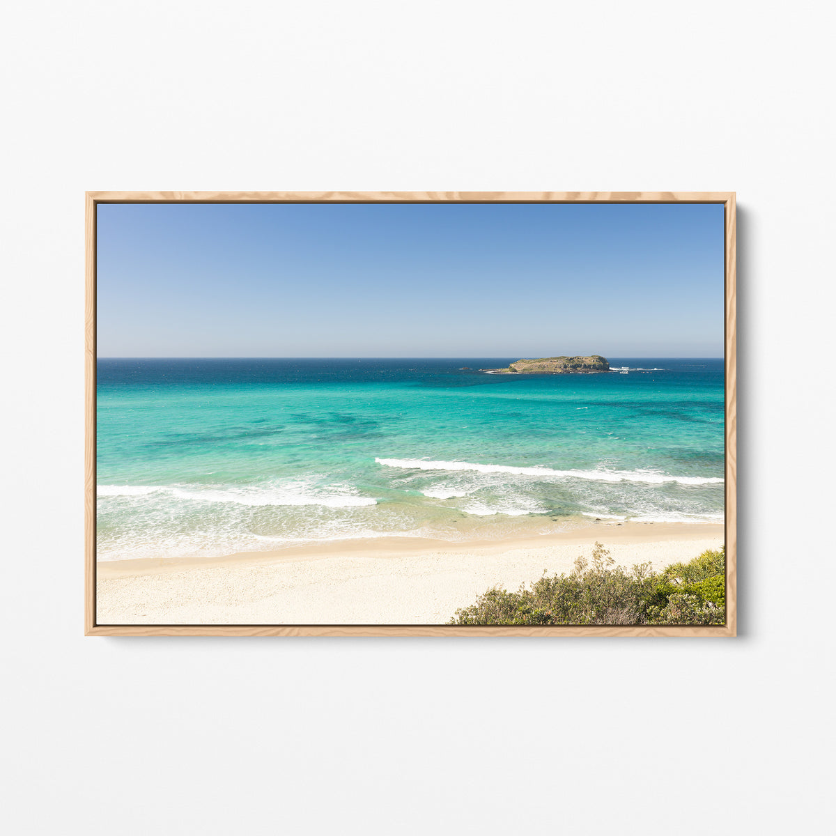 Oak framed canvas print of aerial photography of Fingal Head, a beach with a small island offshore and turquoise water
