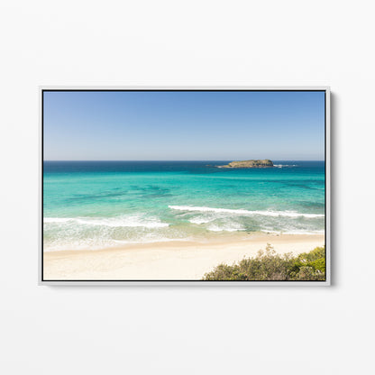 White framed canvas print of aerial photography of Fingal Head, a beach with a small island offshore and turquoise water