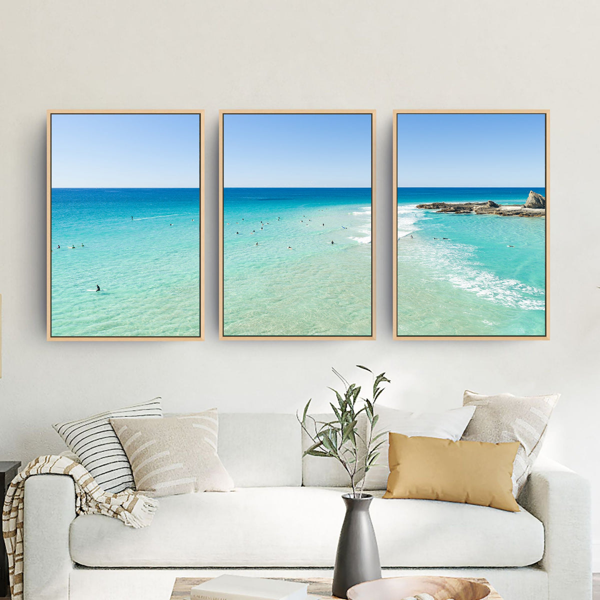 Palm Beach Surfers three piece canvas wall art II in living room