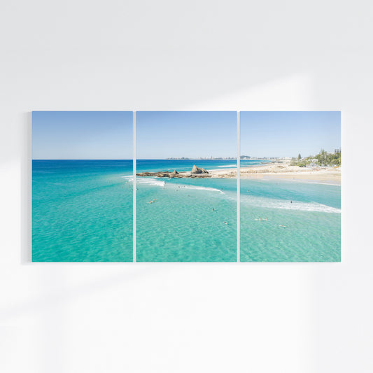 Palm Beach Surfers three piece canvas wall art III on wall