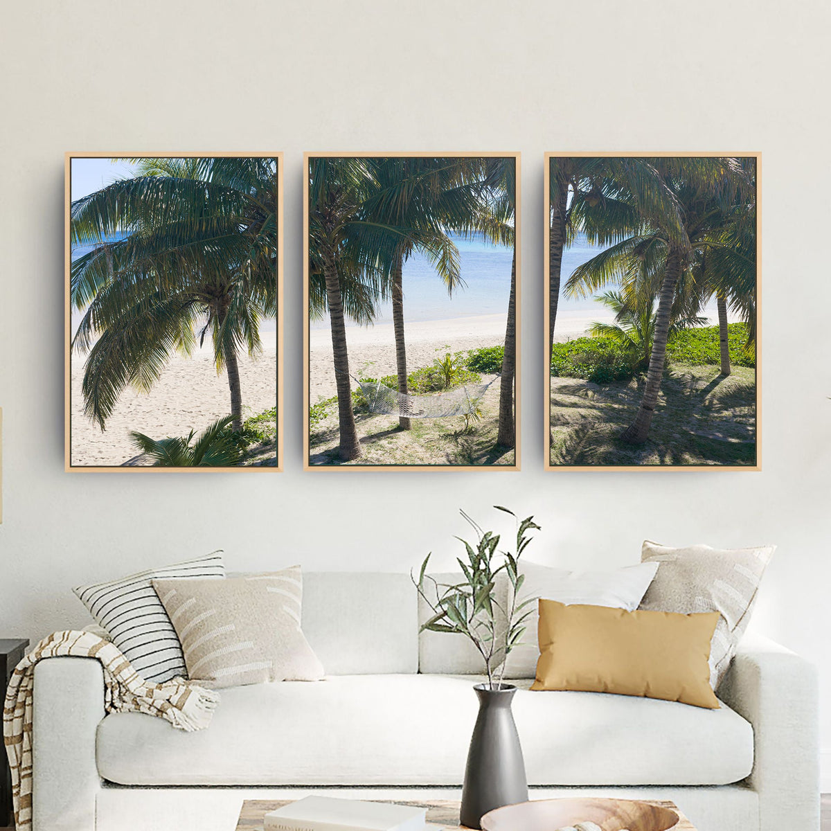 Fiji palm tree three piece canvas wall art in living room