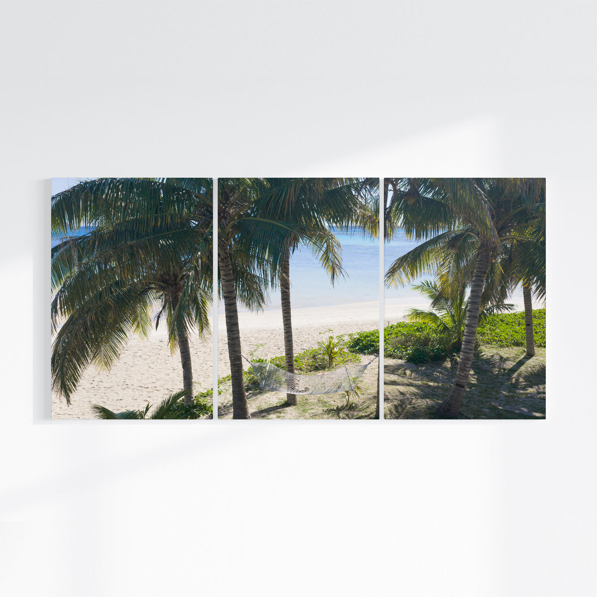 Fiji palm tree three piece canvas wall art on wall