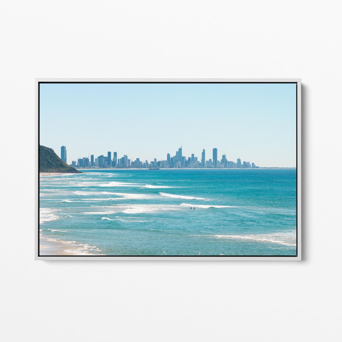 Palm Beach Surfers City View White Framed Canvas