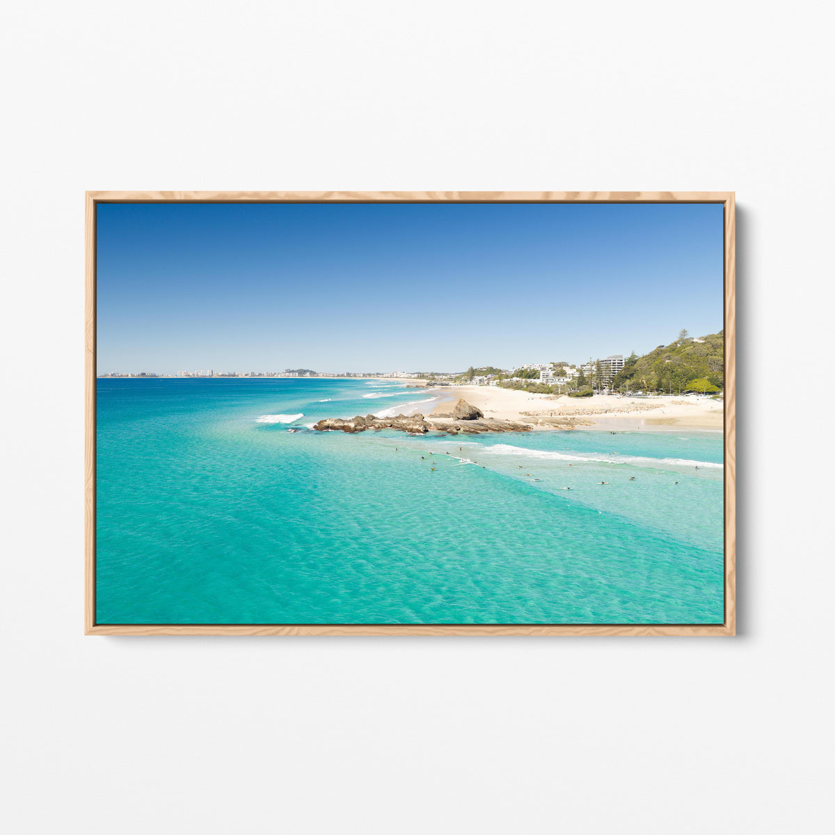 Palm Beach Surfers Coastline Oak Framed Canvas