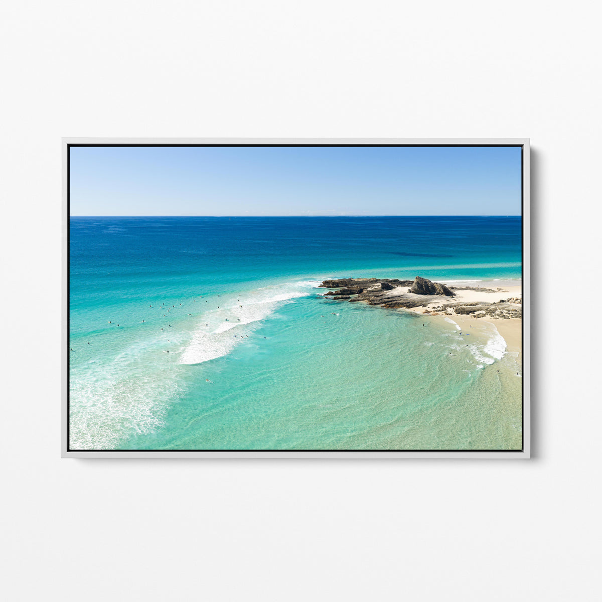 Palm Beach Surfers and Rocks White Framed Canvas