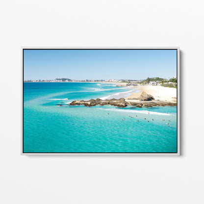 Palm Beach Surfers Rock Shelf White Framed Canvas