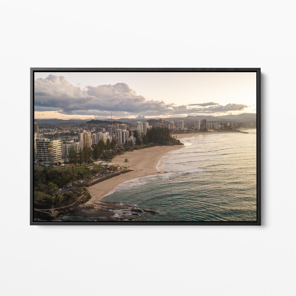 Rainbow Bay sunset aerial black framed canvas