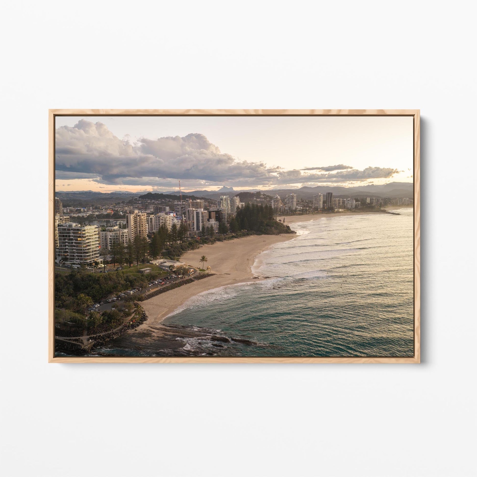 Rainbow Bay sunset aerial oak framed canvas