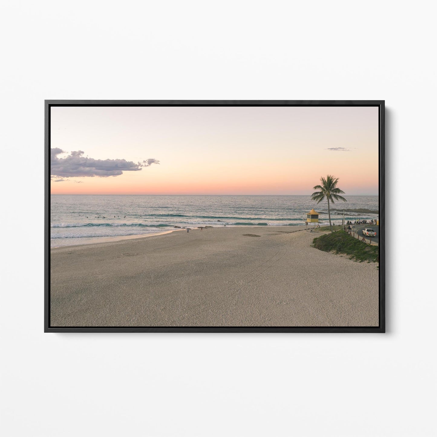 Rainbow Bay sunset palm black framed canvas