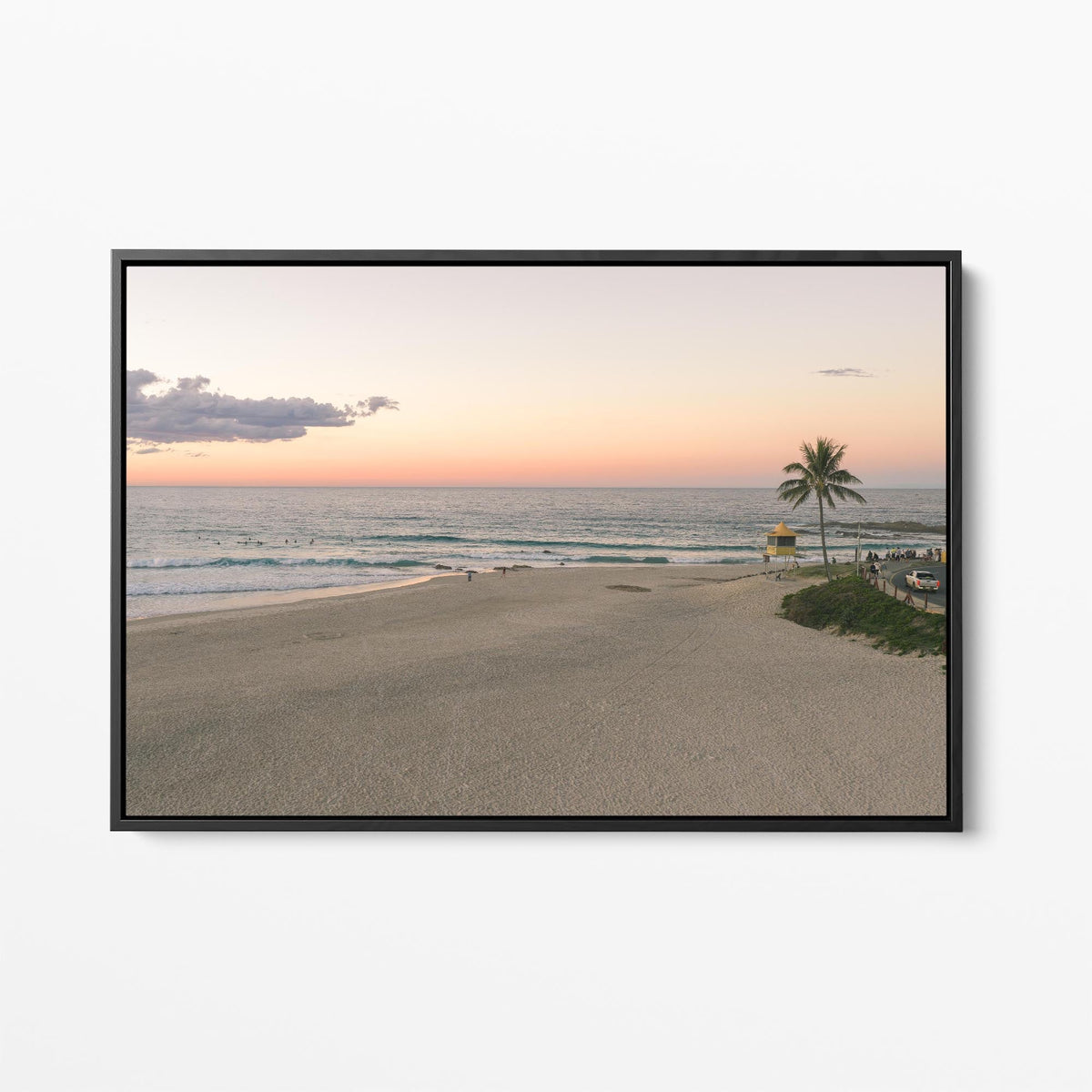 Rainbow Bay sunset palm black framed canvas