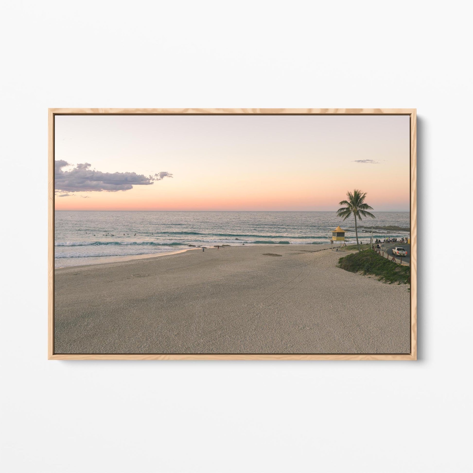 Rainbow Bay sunset palm oak framed canvas