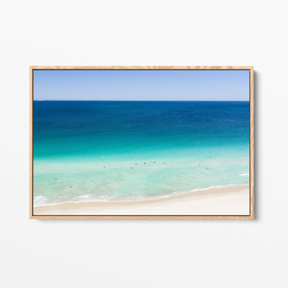 Oak framed canvas print of aerial photography of Scarborough Beach, dark blue ocean, a turquoise band of shallows and pale sand