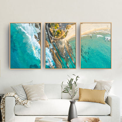 Snapper Rocks three piece canvas wall art in living room