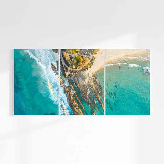 Snapper Rocks three piece canvas wall art on wall