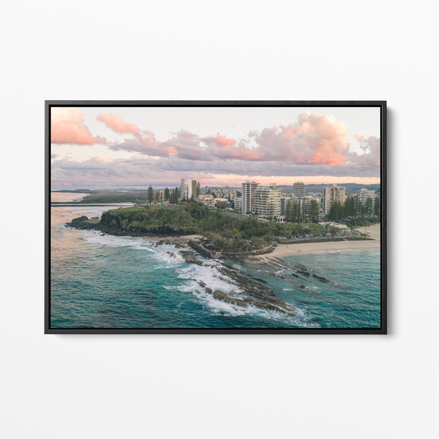 Snapper Rocks sunset aerial canvas black framed