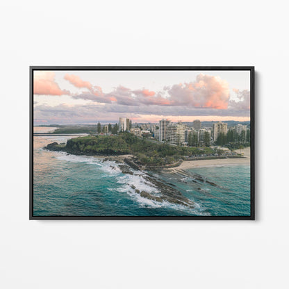 Snapper Rocks sunset aerial canvas black framed