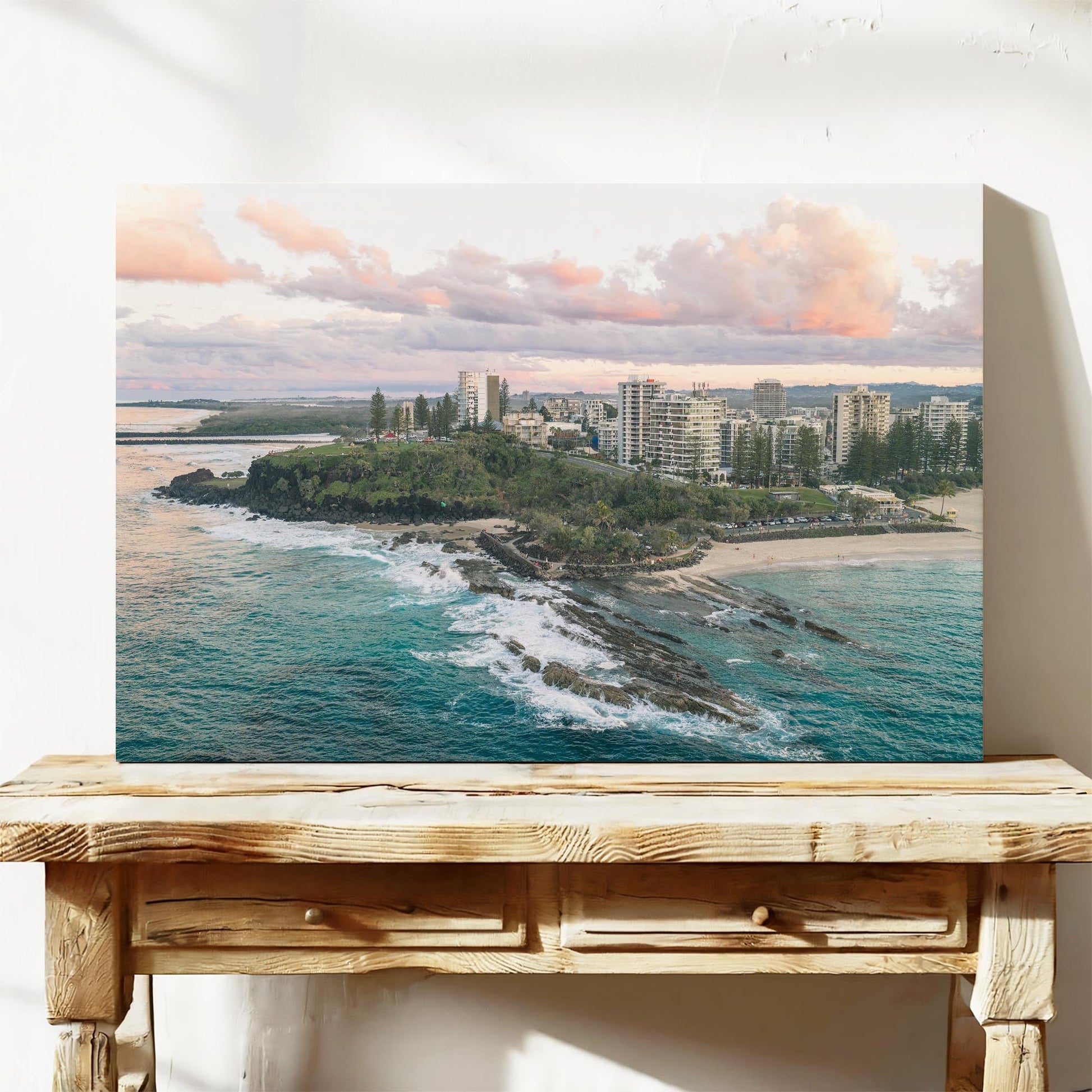 Snapper Rocks sunset aerial canvas QLD wall art