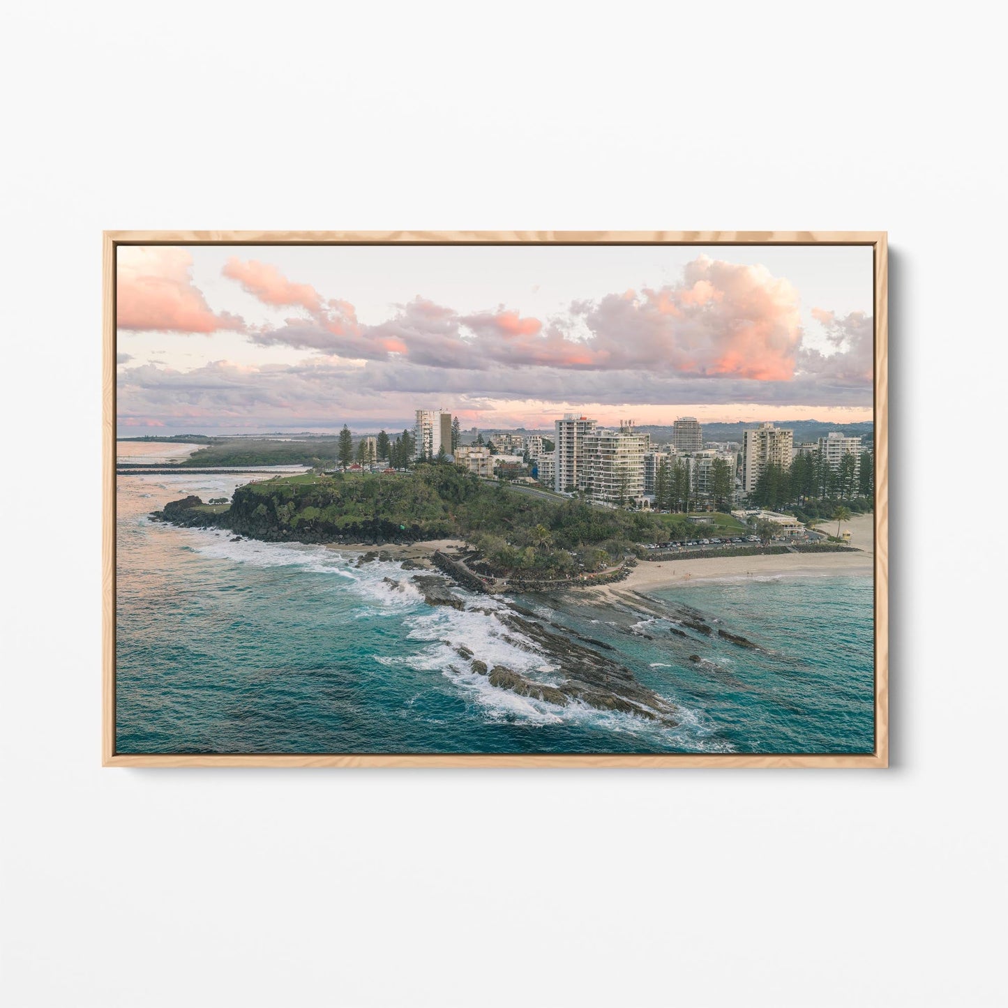 Snapper Rocks sunset aerial oak framed canvas