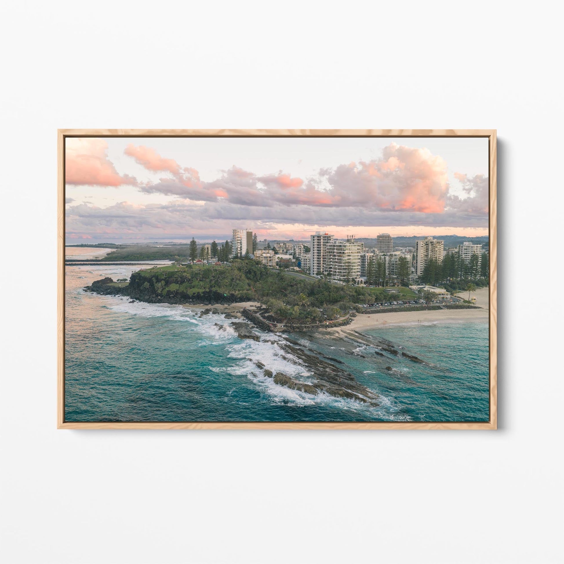 Snapper Rocks sunset aerial oak framed canvas