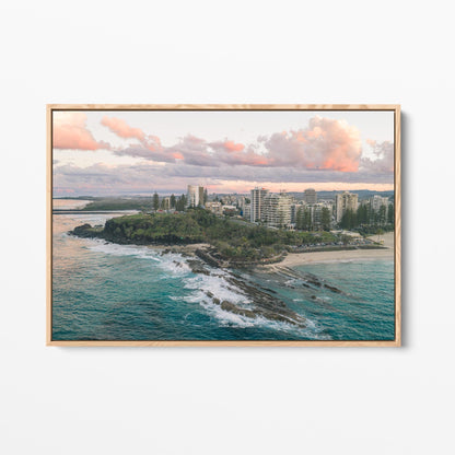 Snapper Rocks sunset aerial oak framed canvas