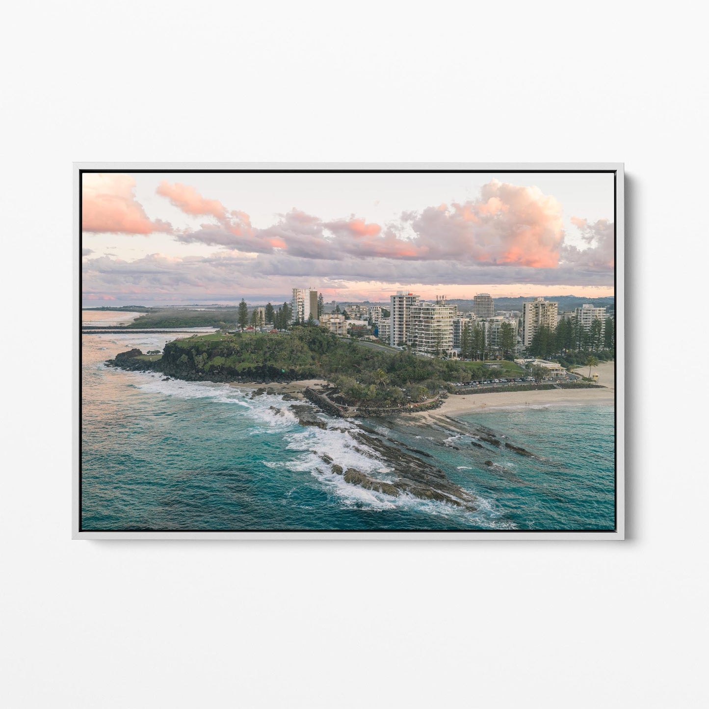 Snapper Rocks sunset aerial white framed canvas