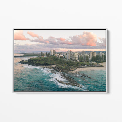Snapper Rocks sunset aerial white framed canvas